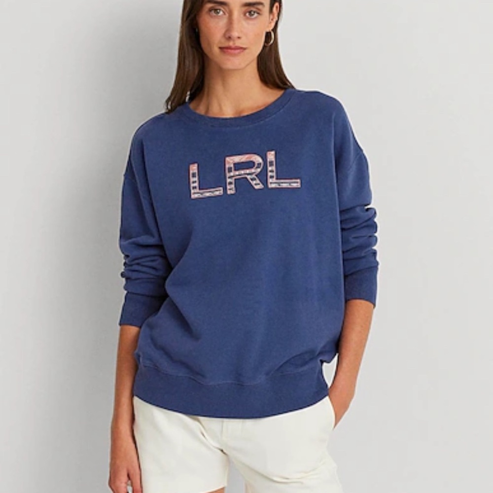 NWT Ralph Lauren Navy Blue Sweatshirt with Pink Logo Detail Small Relaxed Fit